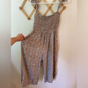 Aakaa Tan and White Floral Jumpsuit with Smocked Bodice